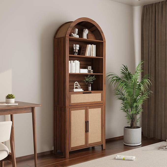 79" Tall Arched Bookcase with Storage, Mid Century Modern 6-Tier Cabinet with Door and Drawer, Arched Bookshelf with Open Display Shelf for Office Living Room(Walnut, 79inch-Doors)