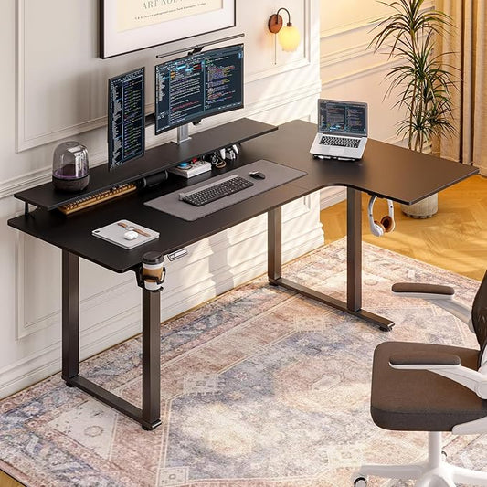 L Shaped Electric Standing Desk, 71x43'' Computer Desks with 2 Monitor Shelves, Dual Motor and Memory Controller, Gaming Corner Desk Adjustable Height from 28-46'' for Home Office Workstation, Black
