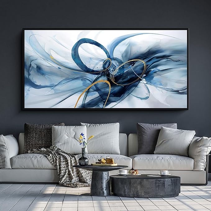XLSJERST Abstract Wall Art for Living Room - Large Canvas Picture Blue and White Modern Minimalism Horizontal Artwork for Bedroom Office Home Decoration - 40x20 Inches