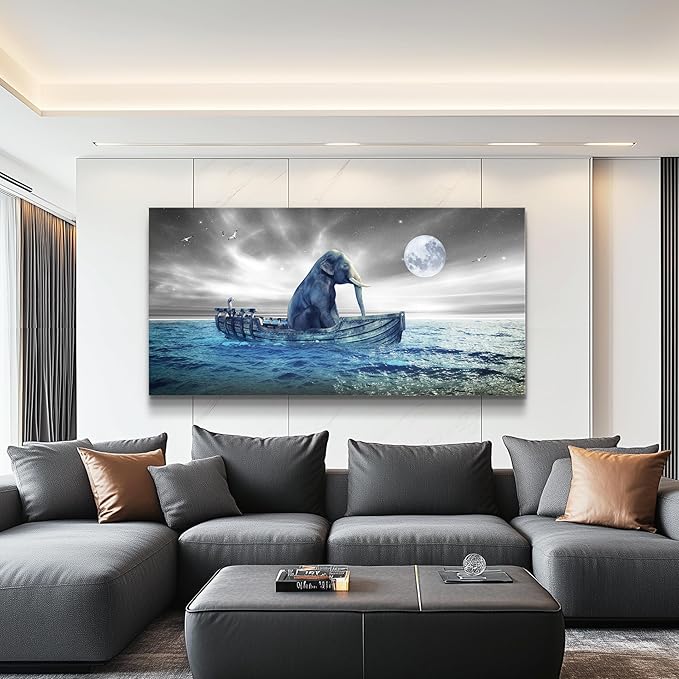 MHARTK66 Moon Beach Wall Art Prints- Modern Large Coastal Landscape Canvas Bedroom Blue Ocean Picture Relaxing Living Room Sea Scene Painting Elephant Boat Seascape Artwork Bathroom Office Home Decor