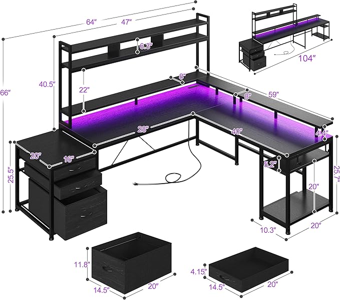 EnHomee 64 x 60 Inches L Shaped Desk with Hutch and Drawers, Gaming Desk with Power Outlet & Monitor Stand & LED Lights, Computer Corner Desk, Two Person Office Desk for Living, Gaming Room, Black