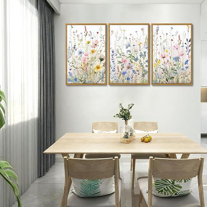 Bwodke Wildflower Wall Art Watercolor Botanical Floral Colorful Canvas Prints Set of 3 Modern Minimalist Flower Pictures Decor Painting Bedroom Bathroom Living Room Nursery 12"x16" Framed
