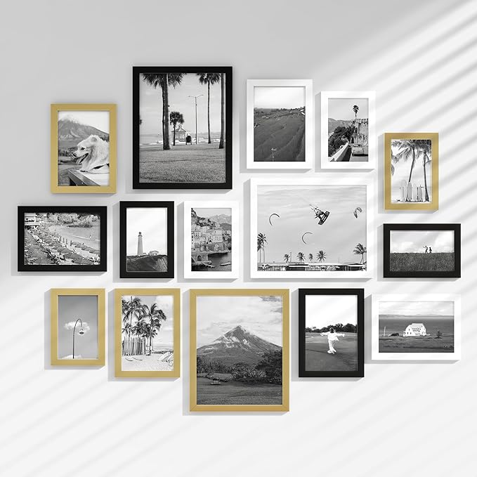 15 Pack Picture Frames Collage Wall Decor, Gallery Frame Set for Wall Mounting or Tabletop Display, Multi Sizes Including 3pcs 8x10, 6pcs 5x7, 6pcs 4x6, Black+White+Gold
