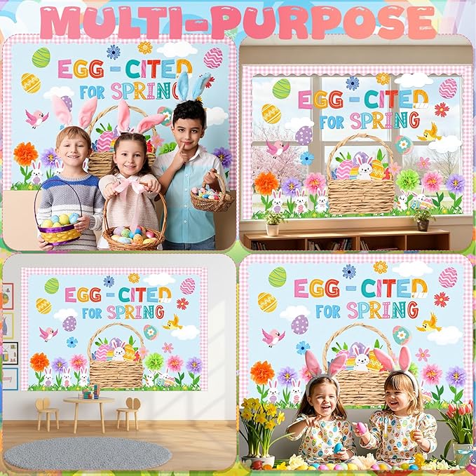 Pasimy 72 Pcs Spring Easter Bulletin Board Decorations 3D Egg Bunny Flowers Paper Cutouts Classroom Decors Egg Cited for Spring with Grass Flowers Birds Bunny for Home Nursery School Party Supplies