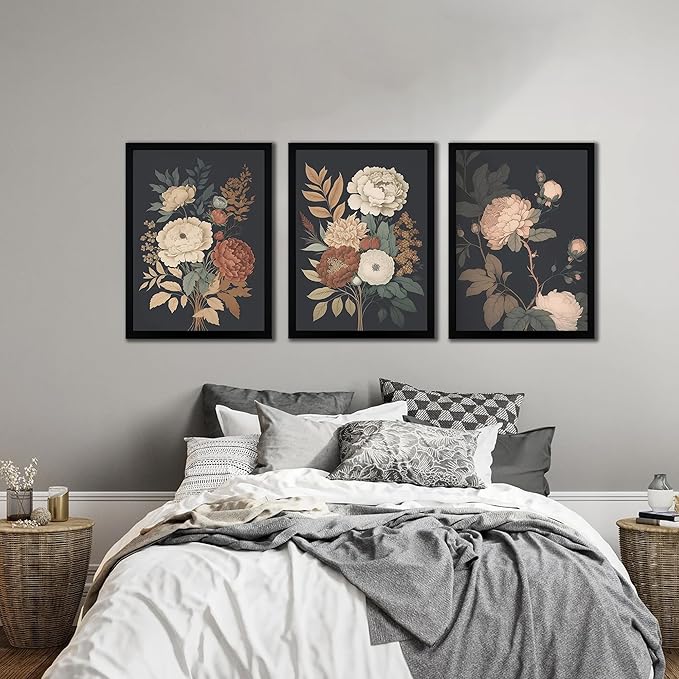 Wall Art Floral Prints Set of 3 Vintage Botanical Wall Decor for Living Room Bedroom Office Art Prints 12x16 Inches Wood Framed Easy to Hang