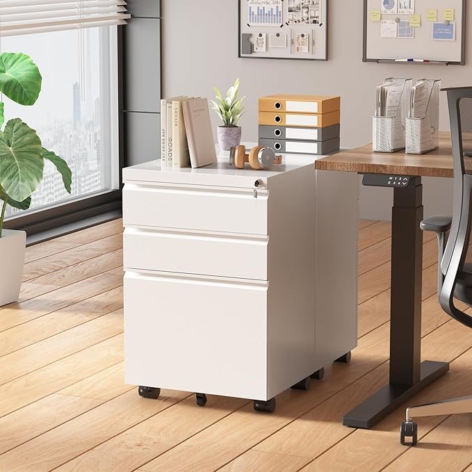 Superday File Cabinet 3 Drawer, Fully Assembled Metal Rolling Vertical Filing Cabinet with Wheels, Small Under Desk File Cabinets for Home Office (White)