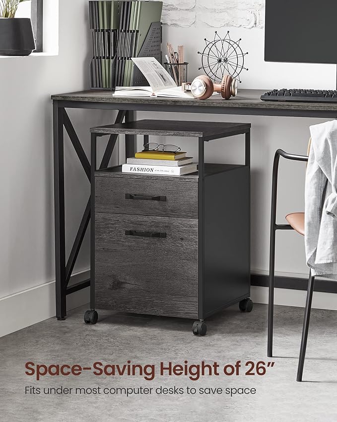 VASAGLE File Cabinet, Mobile Filing Cabinet with Wheels, 2 Drawers, Open Shelf, for A4, Letter Size, Hanging File Folders, Charcoal Gray and Ink Black UOFC071B04