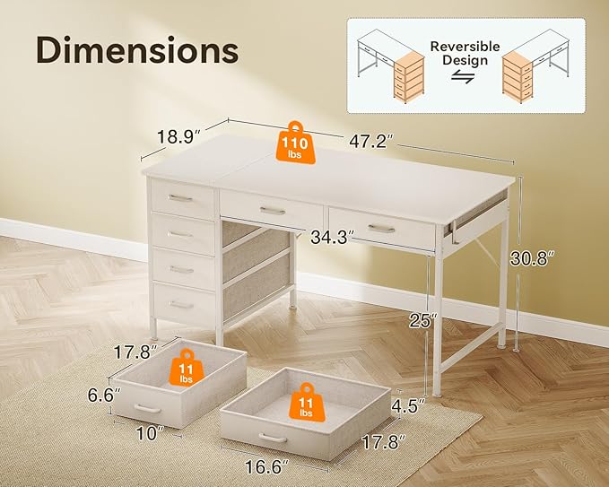 ODK Computer Desk with 6 Drawers, 48 Inch Office Desk with Storage, Reversible Desk with Headphone Hook for Home Office, Work Study Table Vanity for Bedroom, White