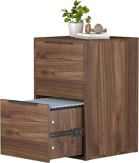 2 Drawer File Cabinets, Wood File Cabinet with Hanging Bar for Letter Size, Under Desk Drawer, Small File Cabinets for Home Office, Dark Walnut