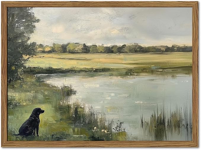 Framed Vintage Hunting Black Dog Wall Art, Rustic Country Nature Landscape Pictures Wall Decor, Farmhouse Animal Paintings Canvas Prints Aesthetic Home Decor for Living Room Bedroom 16x24 inch