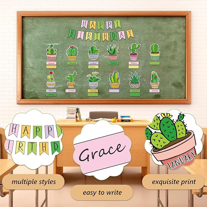 JarThenaAMCS 85Pcs Happy Birthday Bulletin Board Set Green Cactus Calendar Poster Plants Classroom Birthday Chart for Back to School Decorations