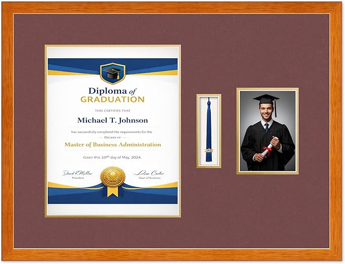 Diploma Tassel and Photo Frame Honey Oak Shadowbox Dark Red Over Gold Mat - Fits 11 x 14 Degree Picture Made in the USA