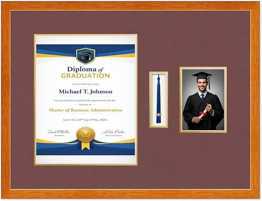 Diploma Tassel and Photo Frame Honey Oak Shadowbox Dark Red Over Gold Mat - Fits 11 x 14 Degree Picture Made in the USA