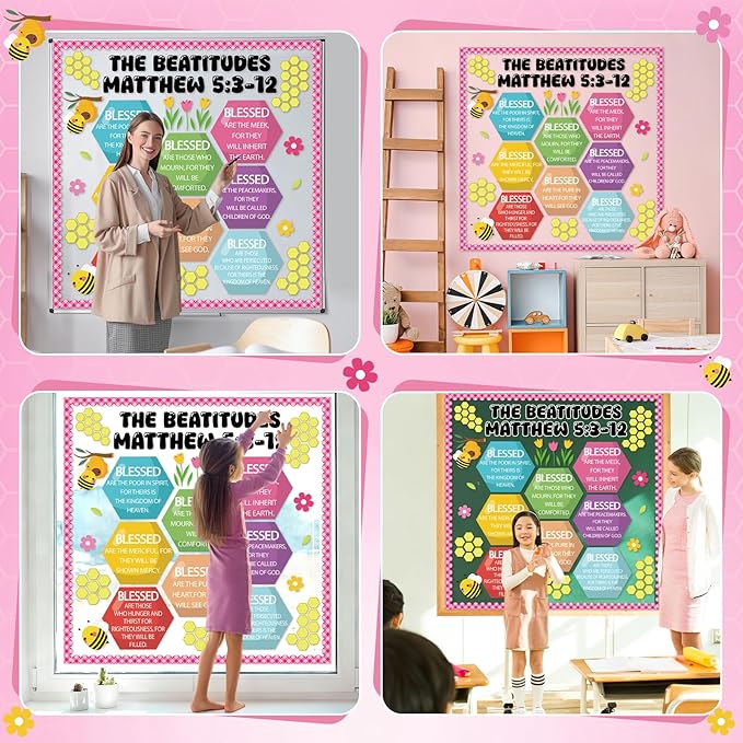 Christian Bulletin Board Decoration The Beatitudes Matthew 5:3-12 Classroom Decoration Motivational Bible Verse Paper Cutouts for Back to School Sunday School Church Parish Decor（Sunshine）