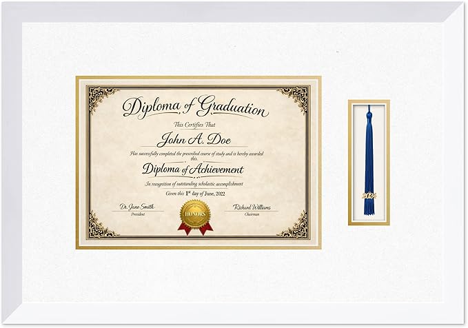 Diploma Frame with Tassel Holder Bright White Shadowbox Oyster Shell Over Gold Mat - Fits 11.69 x 8.27 Degree Made in the USA