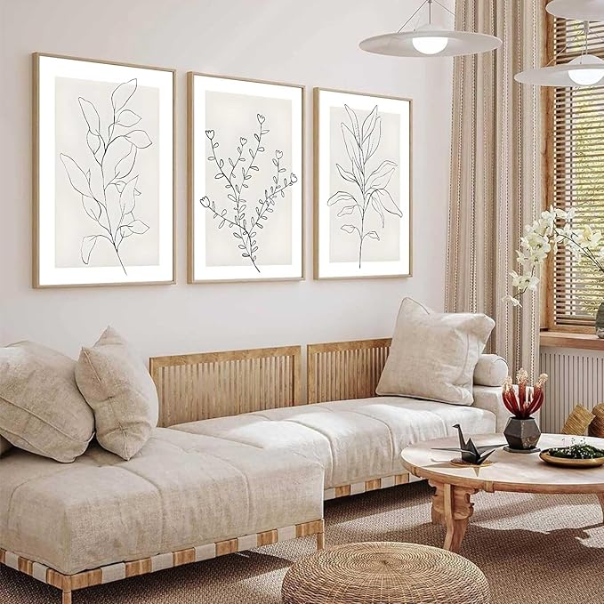3Pcs Neutral Botanical Wall Art Minimalist Abstract Botanical Line Canvas Posters Prints Modern Beige Boho Plant Paintings Wall Decor Pictures for Bedroom Living Room Home Decoration, Unframed