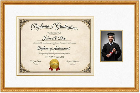 Diploma Frame With Photo Opening Museum Gold Oyster Shell Over Gold Mat - Fits 17 x 13 Degree and Picture Made in the USA