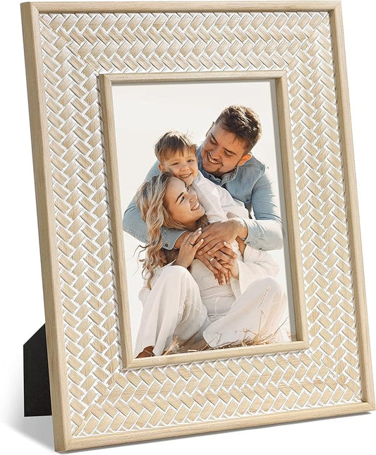 Afuly 5x7 Picture Frame Natural Boho Picture Frames Beige Chic Bohemian Photo Frame Desk Picture Frames for Wall Hangings Home Decor, Wedding Gifts for Couple Grandma Mom Women