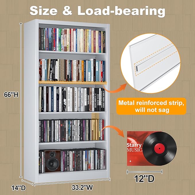 66” Tall Metal Bookcase, 5-Shelf Book Case with Adjustable & Extra Deep 14” Shelves, Heavy Duty Storage for Books, Vinyl Records, Home Office, Library, Living Room, Garage, White