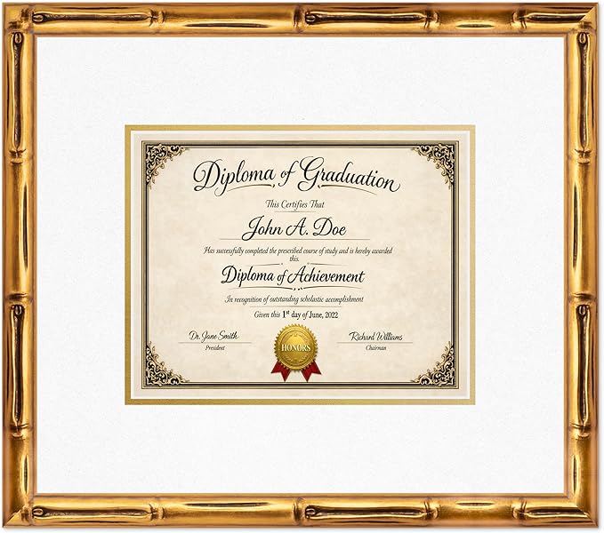Diploma Frame Gold Bamboo with Oyster Shell Over Gold Double Mat - Fits 10 x 8 Professional License Wall Display Made in the USA