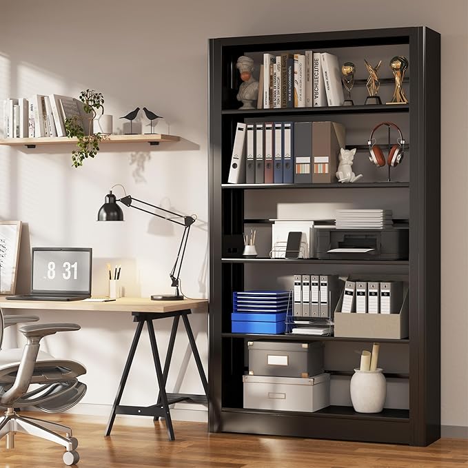 69" Tall Heavy-Duty Bookshelf, 5-Tier Metal Bookshelf with Adjustable Shelves, Open Shelf Bookcase, Tall Bookshelves for Home Office, Library, Bedroom, Including Book Stopper