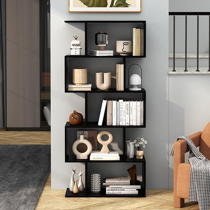 Tangkula 5-Tier Geometric Bookshelf, S Shaped Bookcase w/Anti-Toppling Device, Freestanding Room Divider, Industrial Home Office Decor Wood Open Storage Display Shelf for Living Room (1, Black)