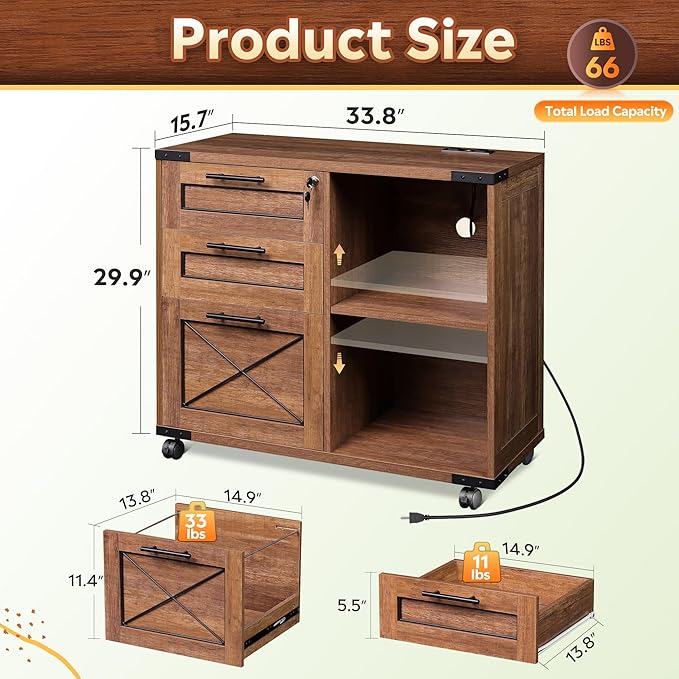 DEVAISE Wood File Cabinet with Charging Station, Mobile Lateral Filing Cabinet with Lock for Home Office, Printer Stand with Open Storage Shelves, Oak
