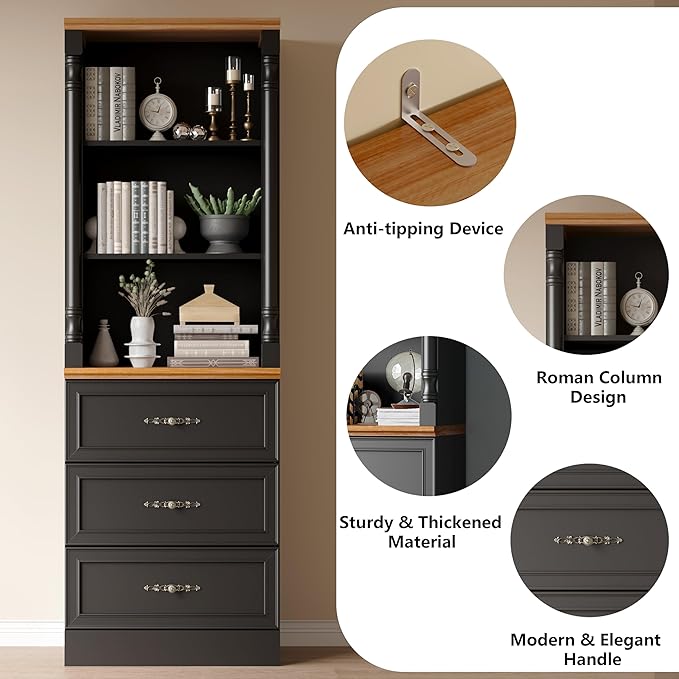71'' Tall Bookshelf with 3 Drawers, Bookcase Storage Cabinets with 3-Tier Adjustable Shelves, Wooden Deep Book Shelf Kitchen Pantry for Living Room, Office, Bathroom, Black