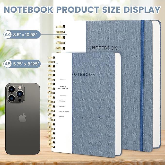 Spiral Notebook - 8.5 x 10.98 Inch Large Hard Cover Notebook with Elastic Band & Pocket, 252 Pages, Lay Flat Wirebound Journal for Work, School, Planning & Note Taking ReefBlue