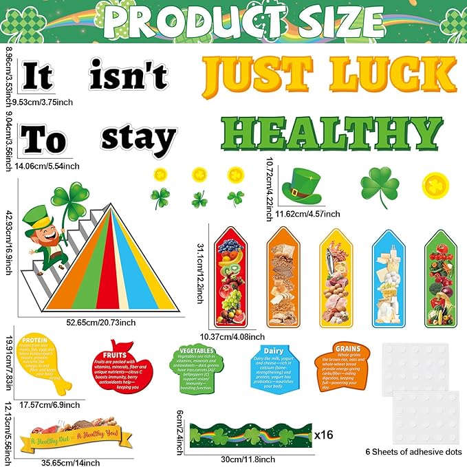 56pcs St. Patrick's Day Bulletin Board Decorations Nutrition and Health Theme Bulletin Board Green Lucky Shamrock Healthy Notes Cutouts for Irish Holiday Home Classroom School Chalkboard Wall Decor