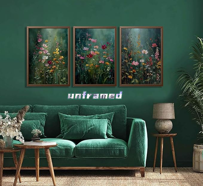 3Pcs Dark Green Floral Canvas Wall Art Moody Wildflowers Poster Prints Vintage Nature Rustic Botanical Flowers Pictures for Bedroom Living Room Office Bathroom Wall Decor 12x16in Unframed