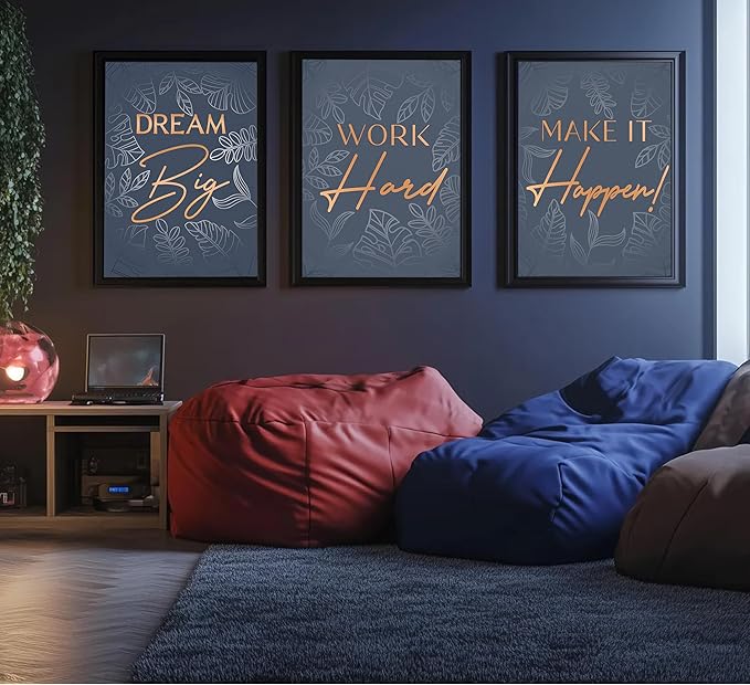 3Pcs Blue Gold Inspirational Office Wall Art Inspiring Motivational Positive Quote Botanical Posters Paintings Pictures Wall Decor Canvas Print Artwork for School Bedroom Living Room Home Decoration Unframed