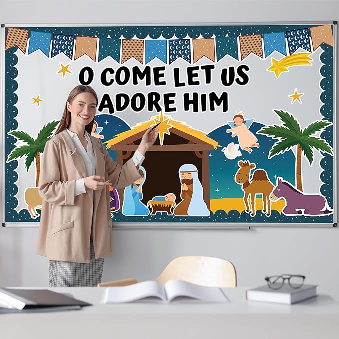 Religious Christmas Bulletin Boards Christian Nativity Scene Bulletin Board Decorations Set Jesus Birth Bible Classroom Decor Paper Border Cutout for Sunday School Church Chalkboard Wall