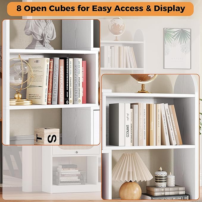 IRONCK 6 Tier Bookshelf, Bookcase with 2 Rattan Flip-Top Cabinets, 8-Cube Storage Organizer Shelf for Living Room, 43.3" White