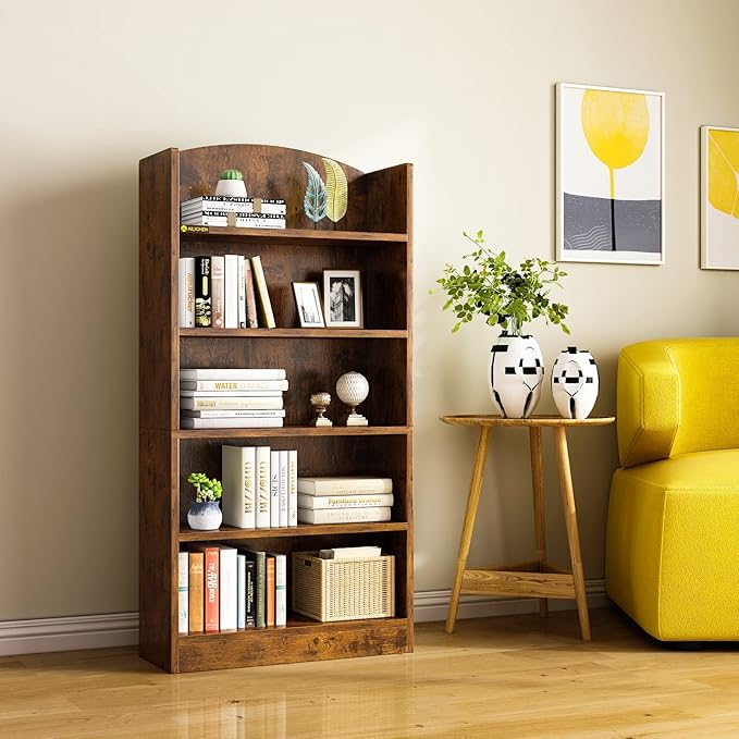 5 Shelf Bookcase Bookshelf, Open Bookcase Storage Shelves Floor Standing Unit Display Rack Mid-Century Modern Bookcase Retro Wood Bookshelves Storage Organizer Shelf for Bedroom,Living Room