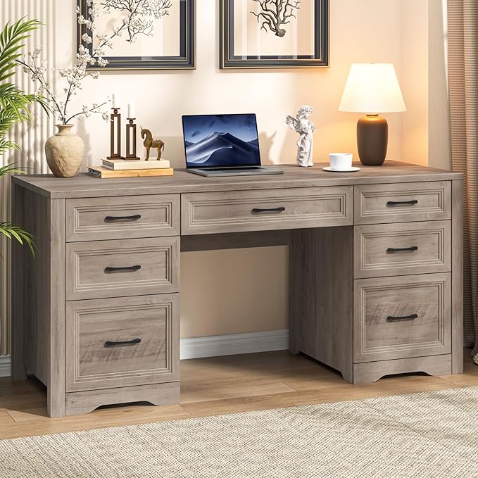 Farmhouse Executive Desk, Wood Home Office Desk with 2 Large File Drawers and 5 Storage Cabinets, Rustic Writing Desk for Work and Study, Grey