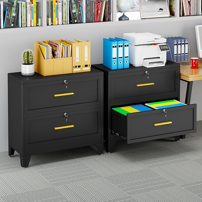 2 Drawer File Cabinet with Lock, Metal Lateral File Cabinets for Home Office, Steel Wide Filing Organization Storage Cabinets, Home Office Furniture for Hanging Files Letter/Legal/F4/A4 Size