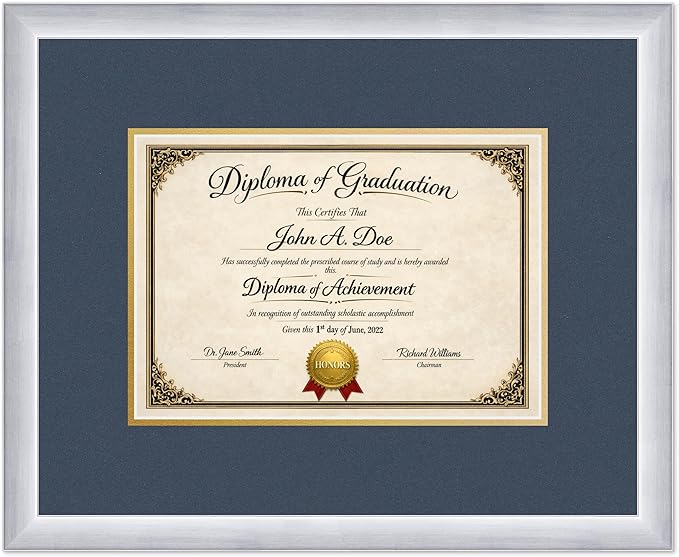 Diploma Frame Stainless Silver with Navy Blue Over Gold Double Mat - Fits 11.69 x 8.27 A4 Certificate Wall Display Made in the USA