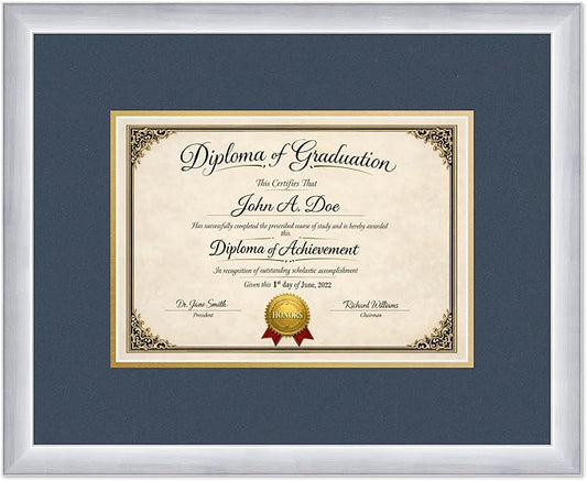 Diploma Frame Stainless Silver with Navy Blue Over Gold Double Mat - Fits 11.69 x 8.27 A4 Certificate Wall Display Made in the USA