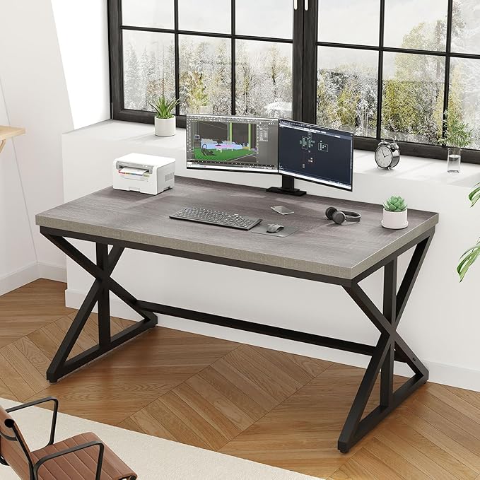 IBF Computer Desk, Industrial PC Laptop Office Desk, Farmhouse Gaming Desk with Spacious Desktop, Rustic Wood Metal Writing Study Work Table for Home Office Bedroom, 47 Inch, Grey Oak
