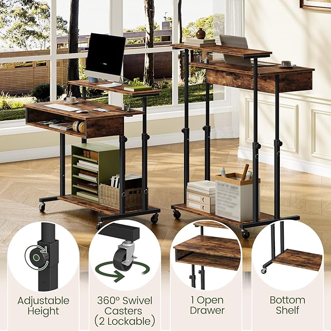 Computer Desk, Standing Desk on Wheels, Rolling Desk with Charging Station, Height-Adjustable Laptop Desk, for Living Room, Home Office, Rustic Brown and Black TDN08UBF