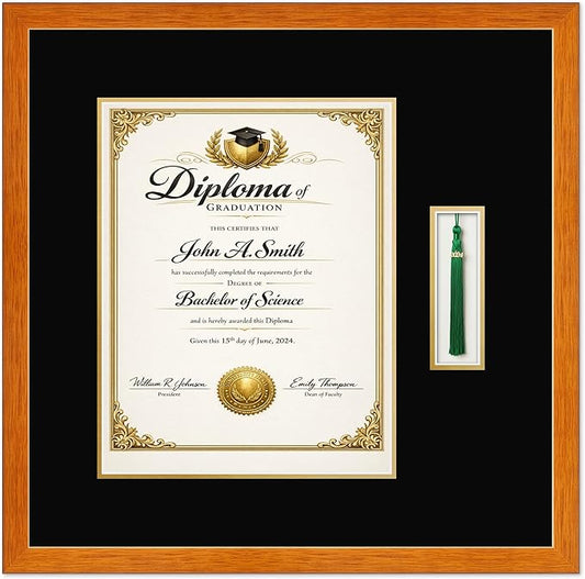 CountryArtHouse Diploma and Tassel Frame Fits 11 x 14 College Diploma (Portrait) with Tassel Hook Honey Oak Genuine Hardwood Shadowbox with Black Over Metallic Gold Double mat