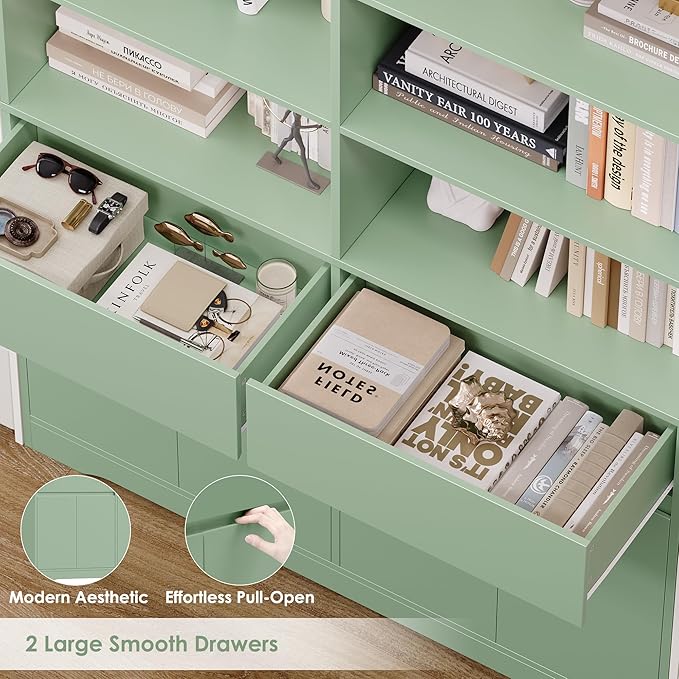 FINETONES 69" Green Bookshelf with Doors, 47.2" Double Wide Bookshelves and Bookcases with Storage, Tall Bookshelf Large Open Book Shelf Standing Book Case for Home Office, Green
