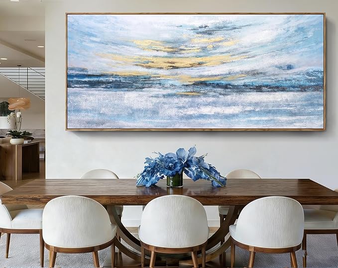 Nicetop 86x39 Extra Large Abstract Ocean Sunset Wall Art, Hand-Applied Gold Foil & Hand-Painted Texture, Serene Coastal Oil Painting, Natural Wood Frame, Modern Decor for Living Room Bedroom Office