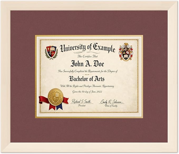 CountryArtHouse Diploma Frame Fits 11 x 8.5 US Letter Certificate - Keepsake Graduation Display Coastal Whitewash Genuine Hardwood with Dark Red Over Metallic Gold Double mat