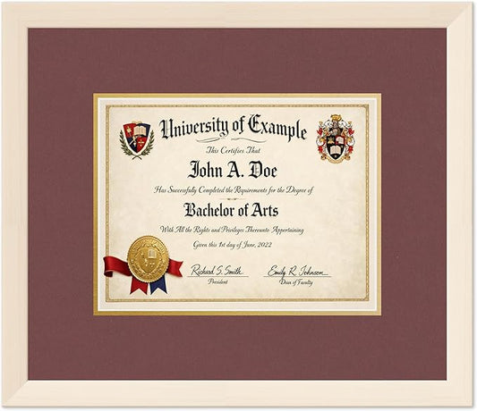 CountryArtHouse Diploma Frame Fits 11 x 8.5 US Letter Certificate - Keepsake Graduation Display Coastal Whitewash Genuine Hardwood with Dark Red Over Metallic Gold Double mat