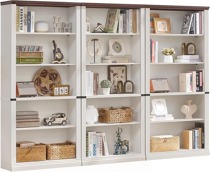 70" White Tall Bookshelf Set of 3,5-Tier Thick Wooden Book Shelf with Adjustable Shelves,Free Standing Farmhouse Bookcase with Open Display Storage,Floor Vintage Bookshelves for Living Room