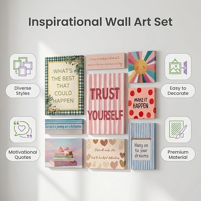 Motivational Wall Decor Posters Inspirational Wall Art for Living Room Bathroom Bedroom Decor For Teen Girls - Wall Decor Office Gifts For Women With Framed Canvas Set of 9 Artwork Ready to Hang