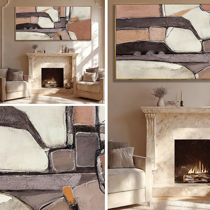 ZENPEE Brown & Grey Abstract Canvas Wall Art 32x71, Neutral Off-White Geometric Design with Wooden Frame, Modern Oversized wall art for living room