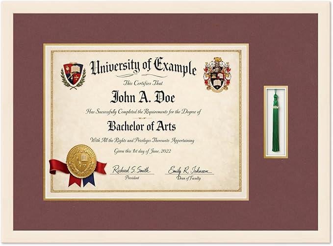 Diploma and Tassel Frame Fits 17 x 13 International Diploma with Tassel Coastal Whitewash Genuine Hardwood Shadowbox with Dark Red Over Metallic Gold Double mat